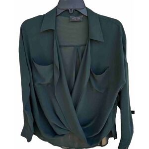 ASTR Sheer Green Long Sleeve Top‎ Size XS Pocket Button V Neck See Through pop